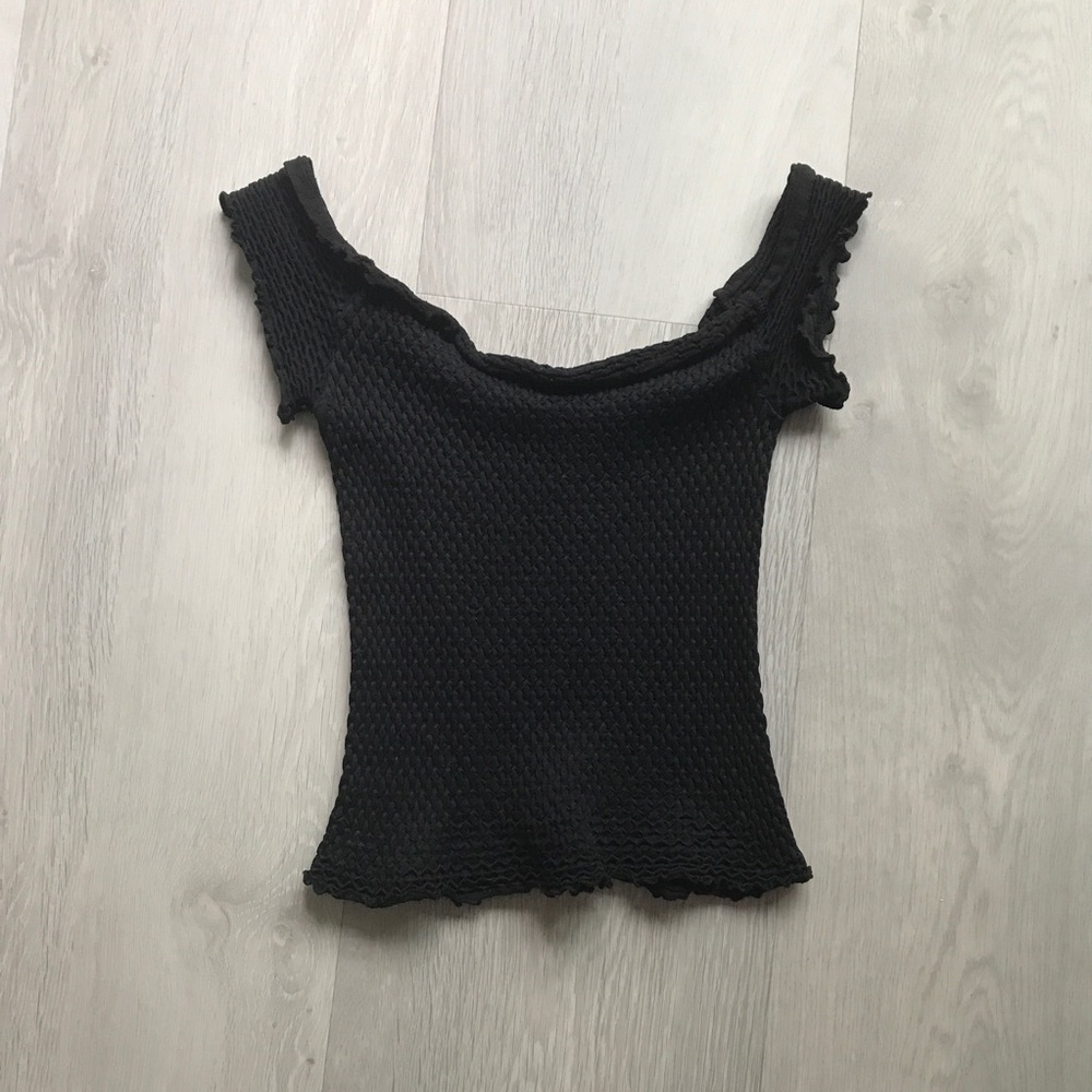 INTIMATELY FREE PEOPLE BLACK ALLOVER SMOCKED STRETCHY OFF SHOULDER TOP WOMENS XS